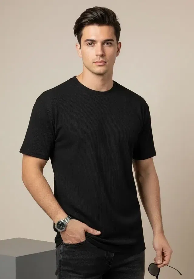 Polyester Solid T-Shirt for Men, Black (M)