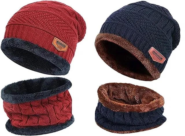 Woolen Cap with Neck Warmer for Men & Women (Navy Blue & Maroon, Pack of 2)