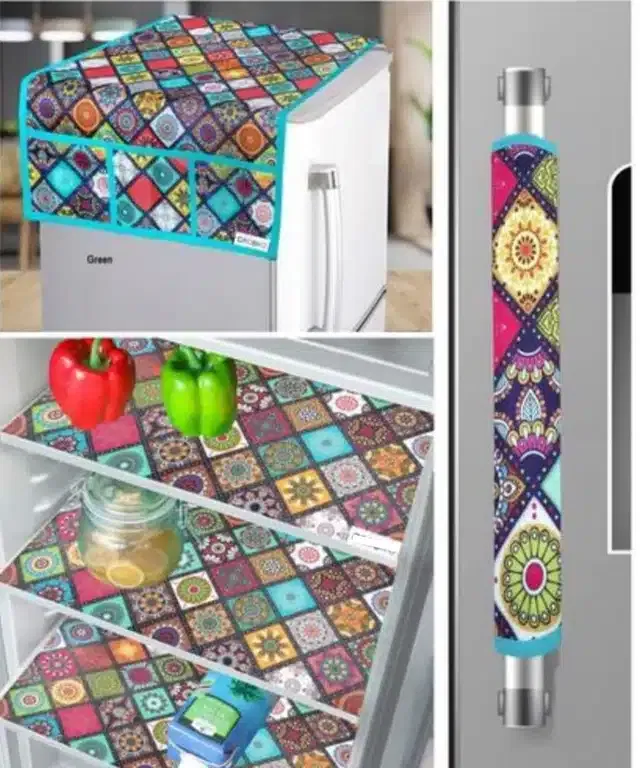 Knit Printed Fridge 3 Pcs Mat with Top & Handle Cover (Multicolor, Set of 1)