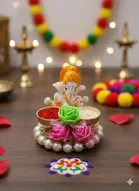 Metal Decorative Ganpati Haldi Kumkum Stand with 2 Roli Chawal Holder, Multicolor