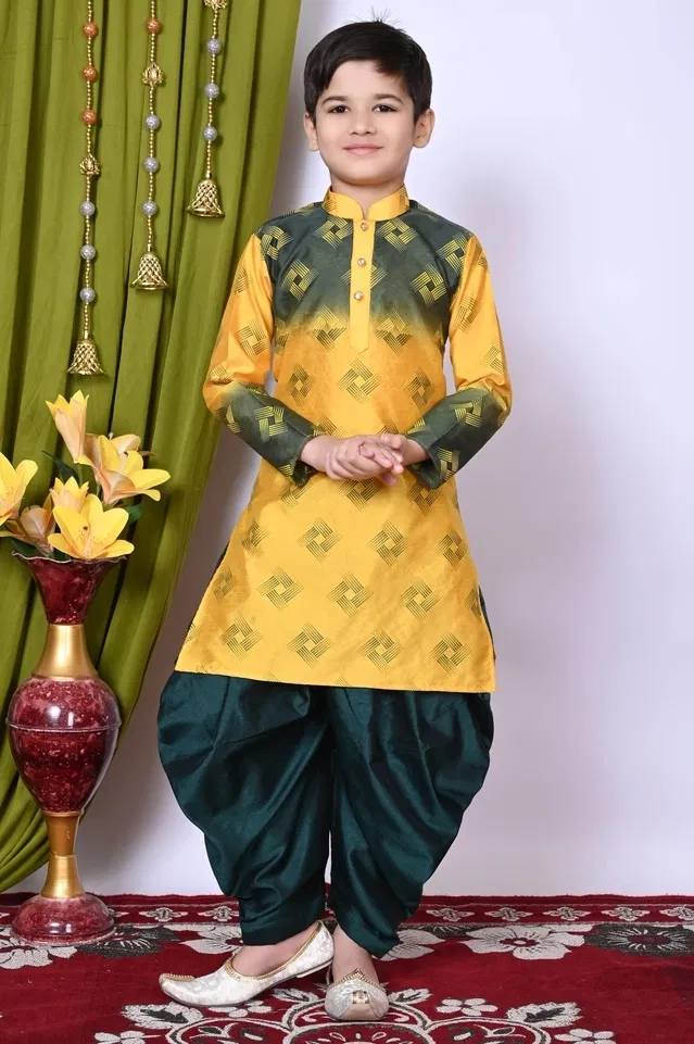 Dupion Silk Printed Kurta with Dhoti for Boys, Yellow & Green (6-7 Years)
