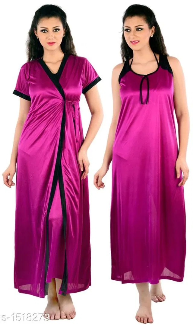 Satin Nightdress Set for Women (Purple, M)