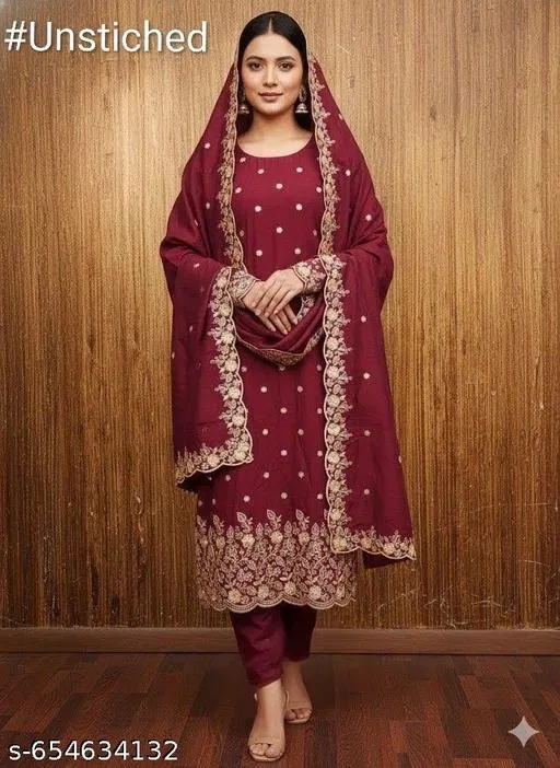 Embroidered Patiala Suits for Women (Red, 6.25 meter (L)) (Red, 6.65 meter (XXL)