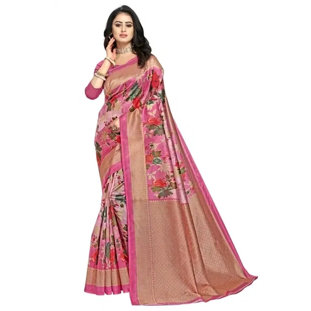 Art Silk Floral Print Saree for Women (Pink)