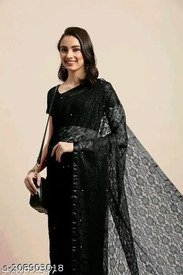 Net Saree for Women (Black, 6.3 m)