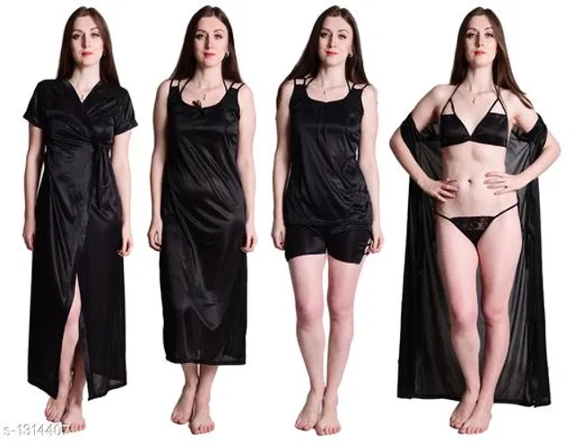 Satin Nightdress Set for Women (Black, L)