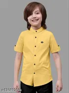 Solid Cotton Blend Mandarin Collar Short Sleeve Shirt for Boys 