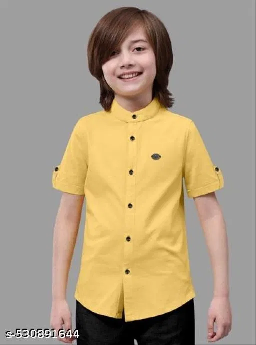 Solid Cotton Blend Mandarin Collar Short Sleeve Shirt for Boys (Lemon Yellow, 4-5 Years)