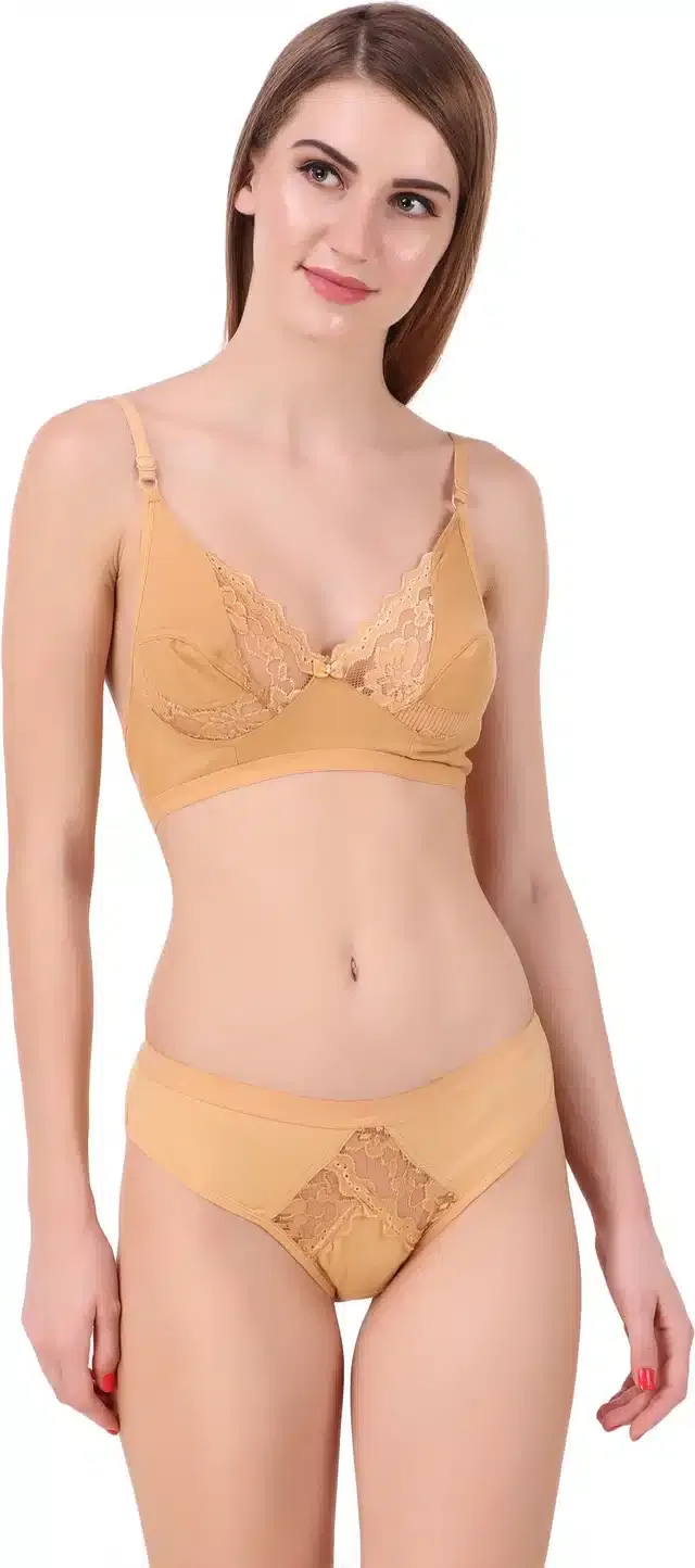 Cotton Blend Lingerie Set for Women (Beige, 32)