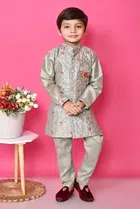 Cotton Blend Embroidered 3 Pcs Sherwani Set for Kids (Grey, 1-2 Years)