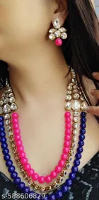 Beautiful Three Layer Kundan Beaded Necklace Set, Blue