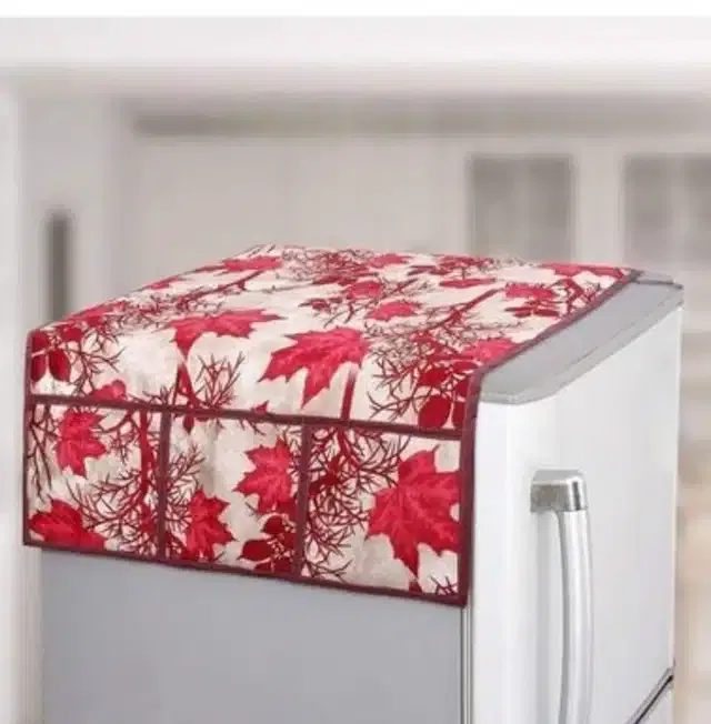 Knit Printed Fridge Top Cover with Side Pockets (Red)