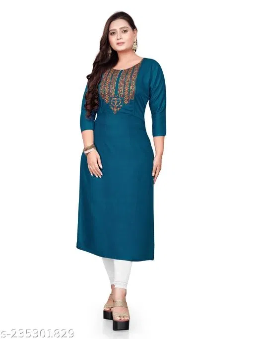 Embroidered Cotton Kurti for Women (Blue, L)