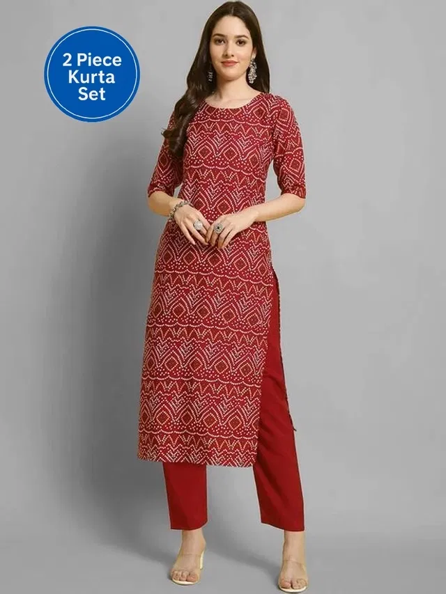 Crepe Bandhani Women's Kurta with Pant Set (Maroon, S)
