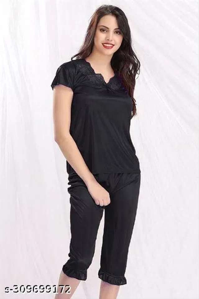 Satin Nightsuit Set for Women (Black, M)
