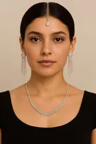 Silver Rhinestone Chain Necklace & Dangler Earrings Set 