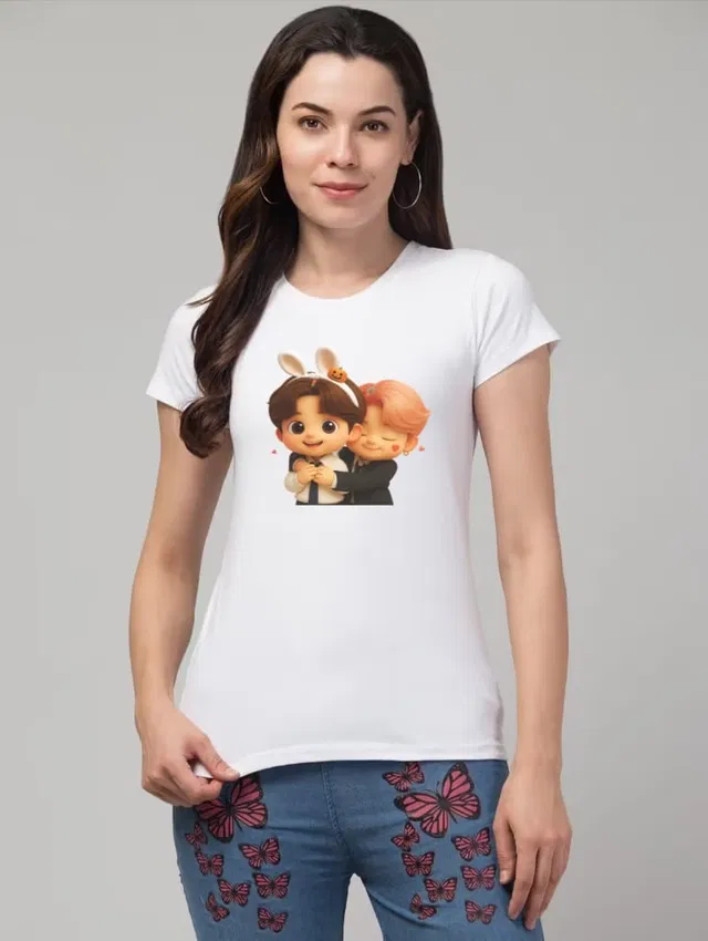 Cotton Blend Printed T-shirt for Women, White (XL)