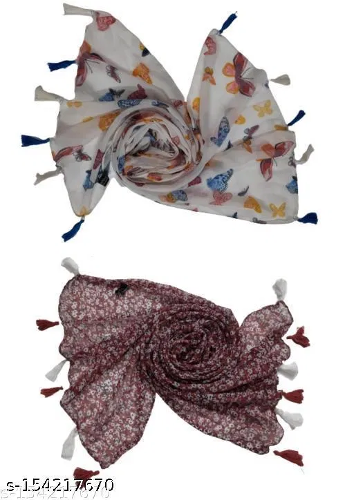Poly Chiffon Printed Scarves for Women, Multicolor, Pack of 2