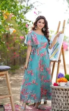 Georgette Digital Printed Gown for Women (Blue, M)