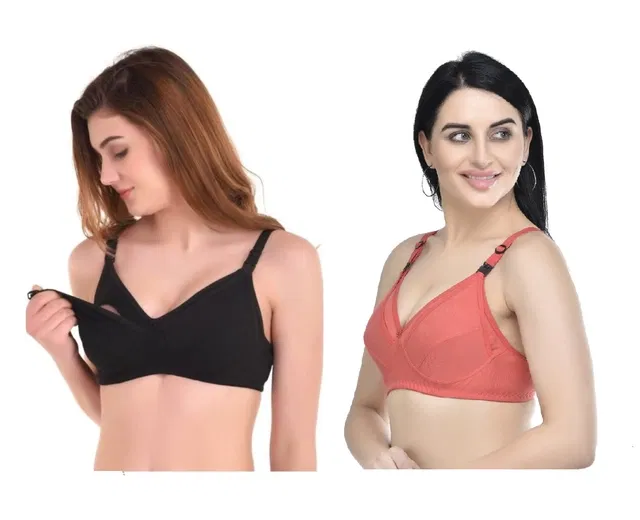 Cotton Blend Solid Non Padded Feeding Bras for Women (Multicolor, 38) (Pack of 2)