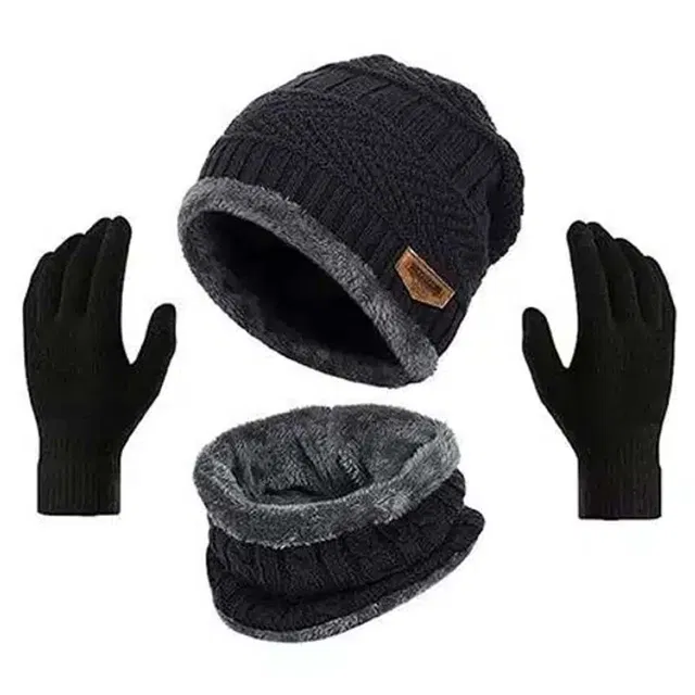 Woolen Cap with Neck Warmer & Gloves for Men (Black & Grey)