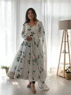 Georgette Printed Gown with Dupatta for Women (White & Green, S)