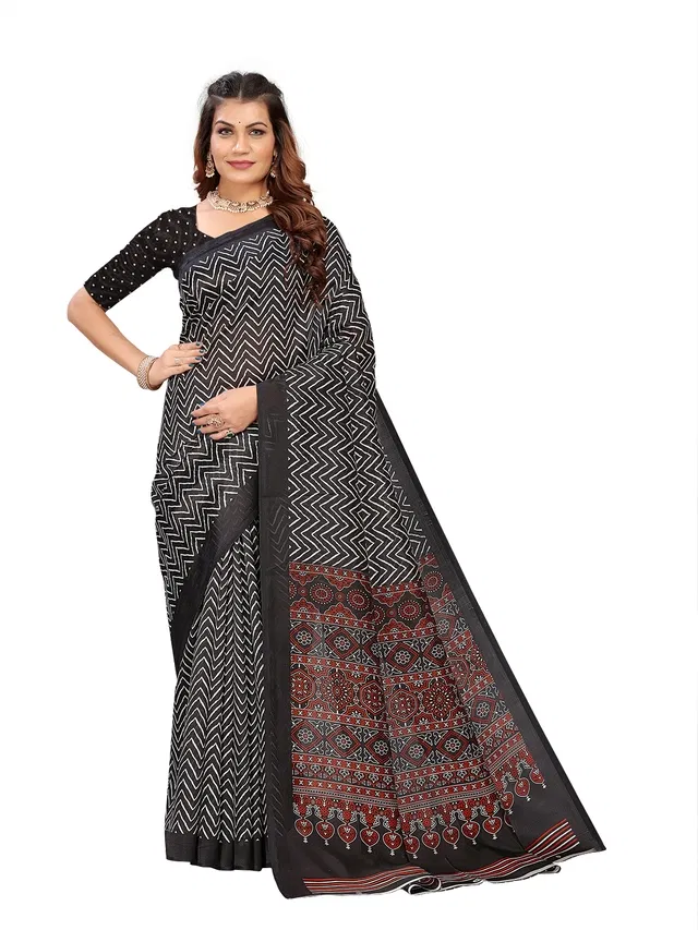 Mysore Silk Printed Saree for Women (Black, 6.3 m)