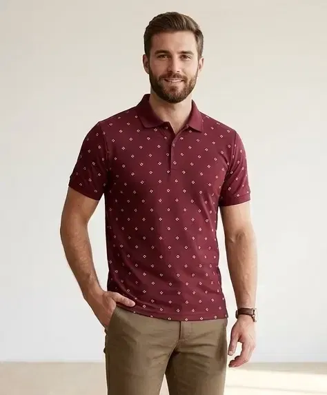Dot Print Polo Neck Polycotton T-Shirt for Men ,Maroon (XL)