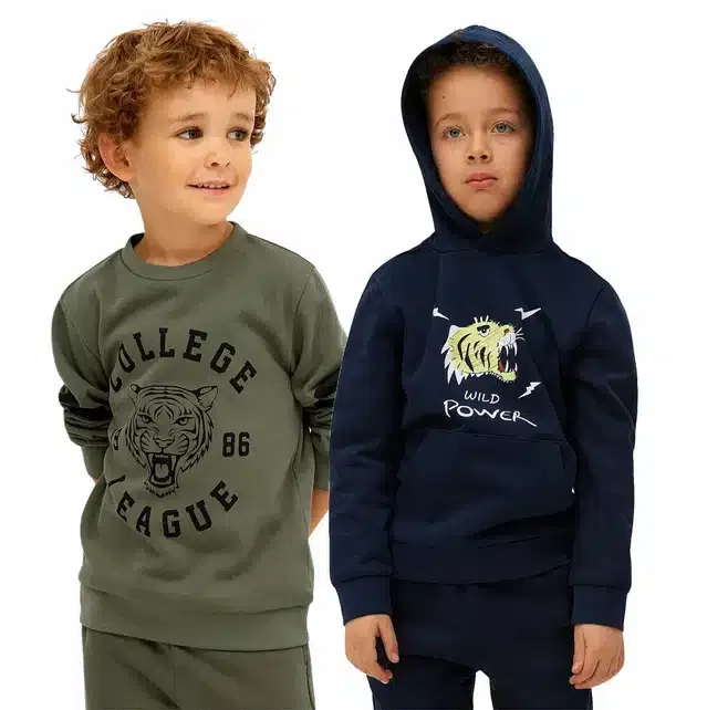 Cotton Blend Printed Hoodie & Sweatshirt for Kids (Pack of 2) (Olive & Navy Blue, 7-8 Years)