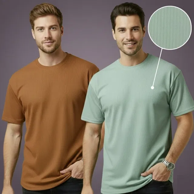 Polyester Round Neck T-shirt for Men, Multicolour, Pack of 2 (L)