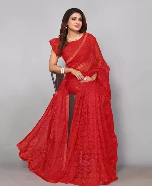 Net Solid Saree for Women (Red, 6.3 m)
