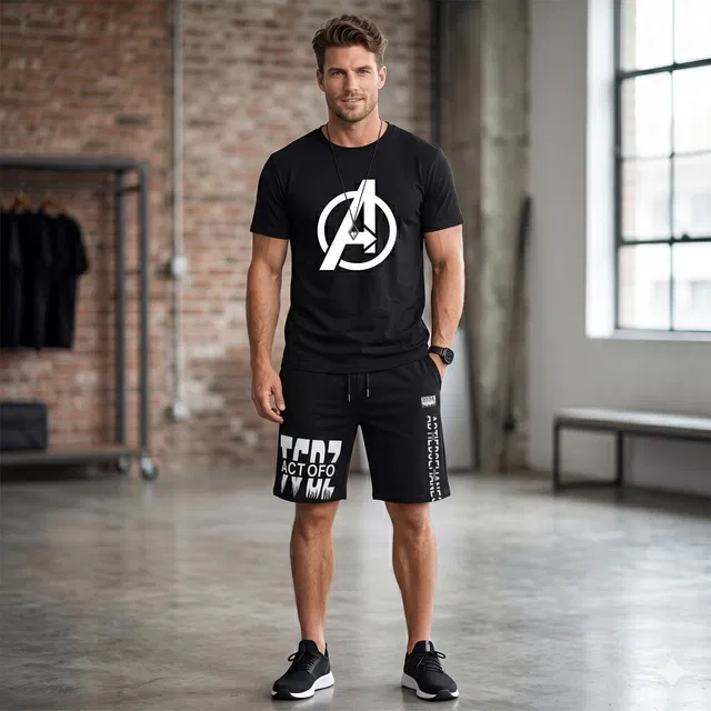 Stylish T Shirt and Shorts Set for Men, Pack of 2 (Black, M)