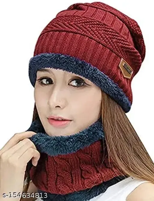 Spun Acrylic Solid Cap with Neck Warmer for Women (Maroon, Set of 2)