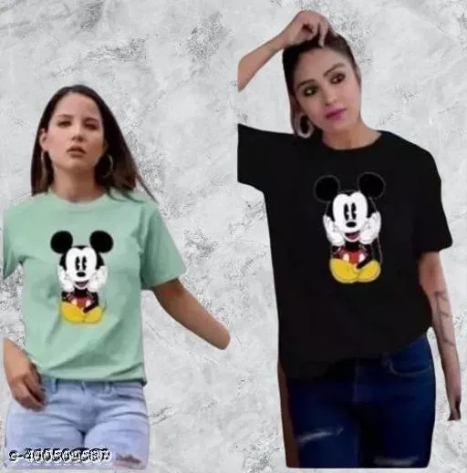 Cotton Blend Printed T-Shirt for Women, Black & Green, Pack of 2 (M)