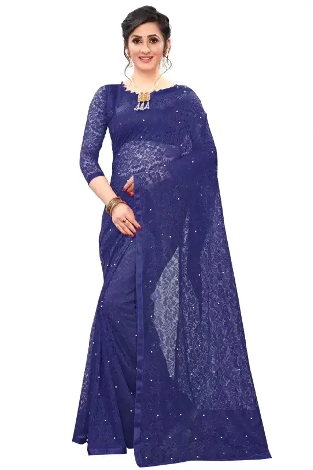 Net Solid Saree for Women (Blue, 6.3 m)