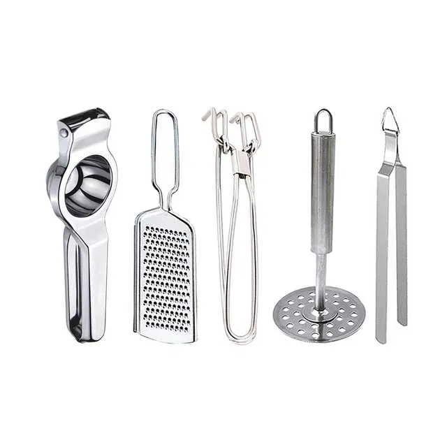 Oc9 Stainless Steel Lemon Squeezer & Cheese Grater & Pakkad & Potato Masher & Roti Chimta Kitchen Tool Set (O-94)