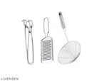 Stainless Steel Cheese Grater with Cooking Tong & Deep Frying Strainer (Silver, Set of 3)