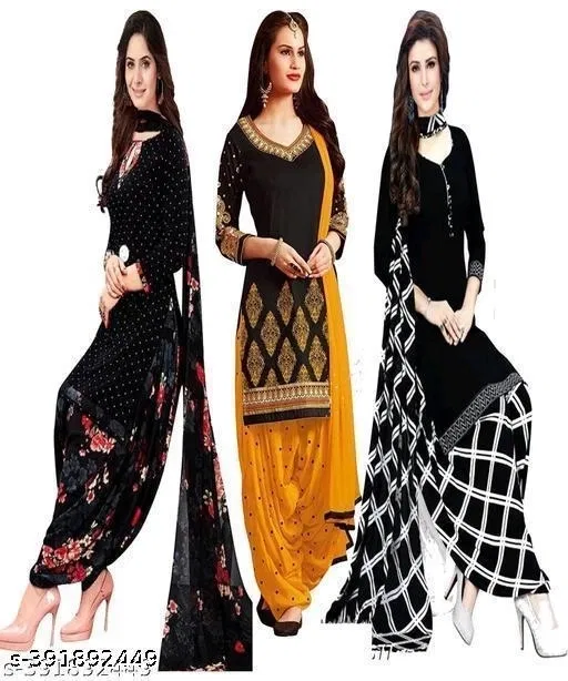 Crepe Printed Unstitched Suits for Women, Pack of 3 (Black, Un Stitched)