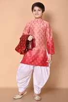 Dupion Silk Printed Kurta with Dhoti for Boys, Red & White 
