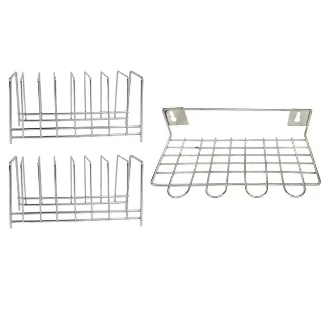 2 Pcs Stainless Steel Plate Stand & Utensil Holder (Set of 3, Silver)