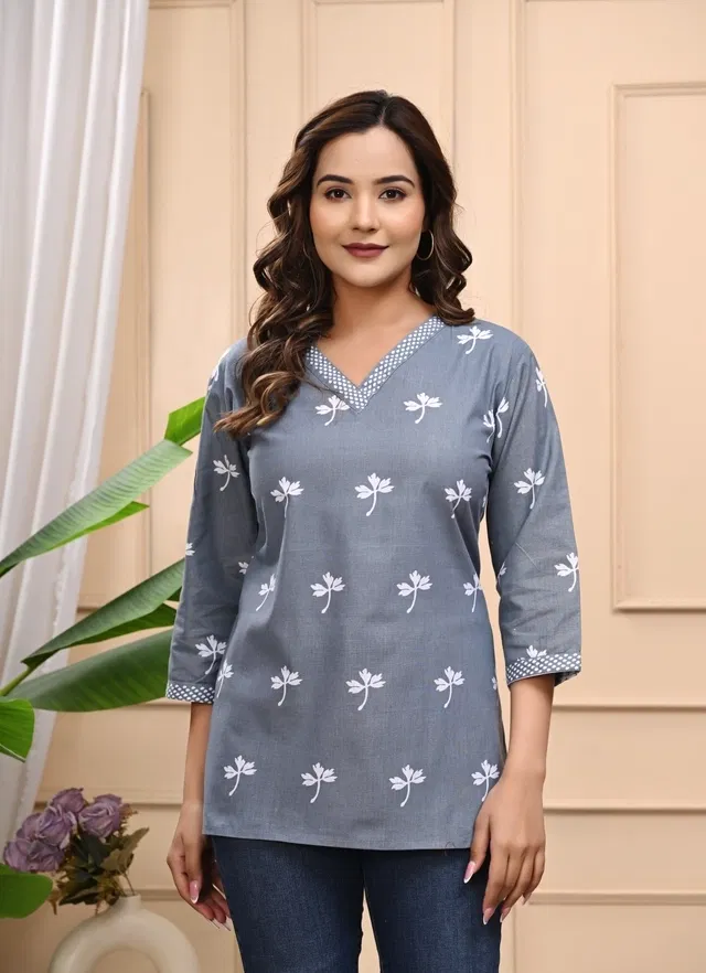 Rayon Block Print Short Kurti for Women (Grey, L)