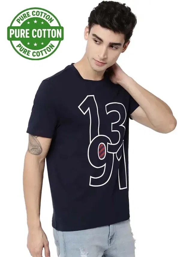 100% Cotton Round Neck Printed T-Shirt for Men (Blue, XXL)