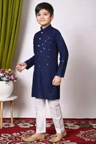 Rayon Cotton Embellished Kurta with Payjama for Boys, Navy Blue & White 