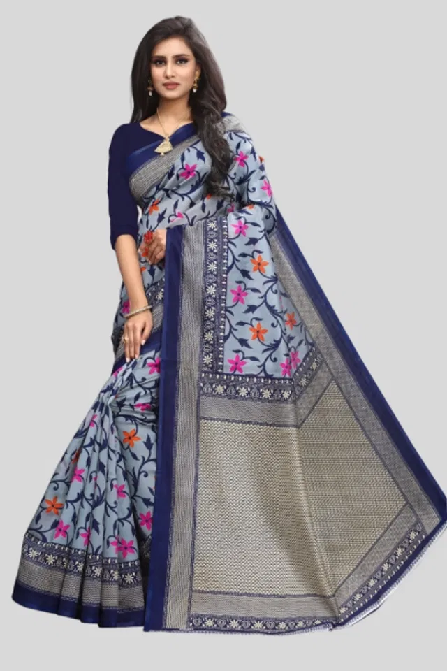 Art Silk Printed Saree for Women (Blue, 6 m)
