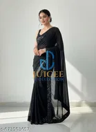 Georgette Solid Saree For Women, Black