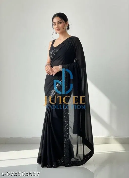 Georgette Solid Saree For Women, Black
