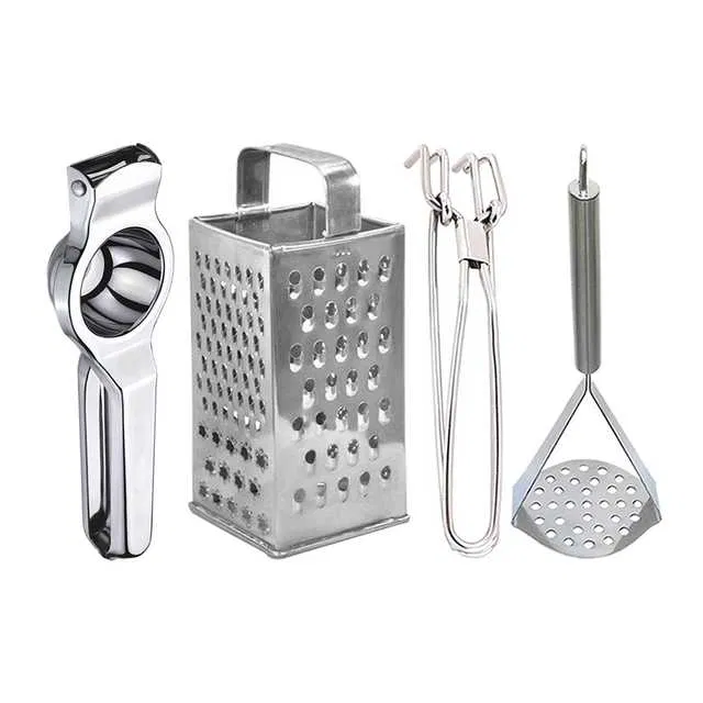 Oc9 Stainless Steel Lemon Squeezer & 4 in 1 Grater Or Slicer & Utility Pakkad & Potato Masher Kitchen Tool Set (O-121)