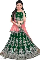 Satin Embroidered Lehenga with Choli & Dupatta For Girls (Green & Pink, 6-7 Years)