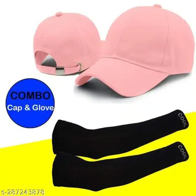 Cotton Arm Sleeves & Cap for Men & Women (Black & Pink, Set of 2)