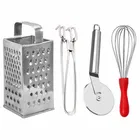 Oc9 स्टेनलेस स्टील 4 in 1 स्लाइसर एंड ग्रेटर & यूटिलिटी पकड़ & पिज़्ज़ा कटर & एग व्हिस्क फॉर किचन टूल सेट 